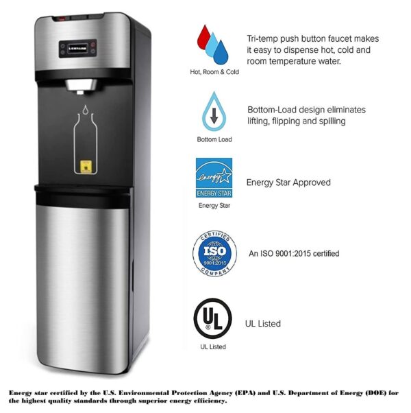 LEONARD Usa Bottom Loading Water Dispenser Stainless Steel Hot, Cold & Normal For Home, Office Or Bar, Based On American Technology (320X360X1080 Mm, Stainless Steel & Black), 5 Liters