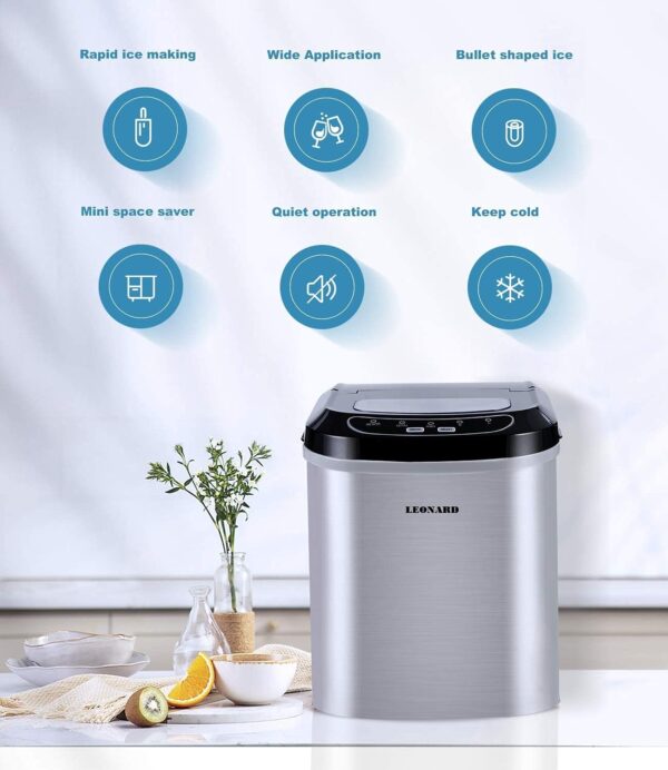 LEONARD USA Ice Maker Machine Stainless Steel Automatic with Inverter Technology, Makes Instant Bullet Ice Cubes in 7-9 Minutes, 26 lbs/day (Based on American Technology) (LEUSAICM5)