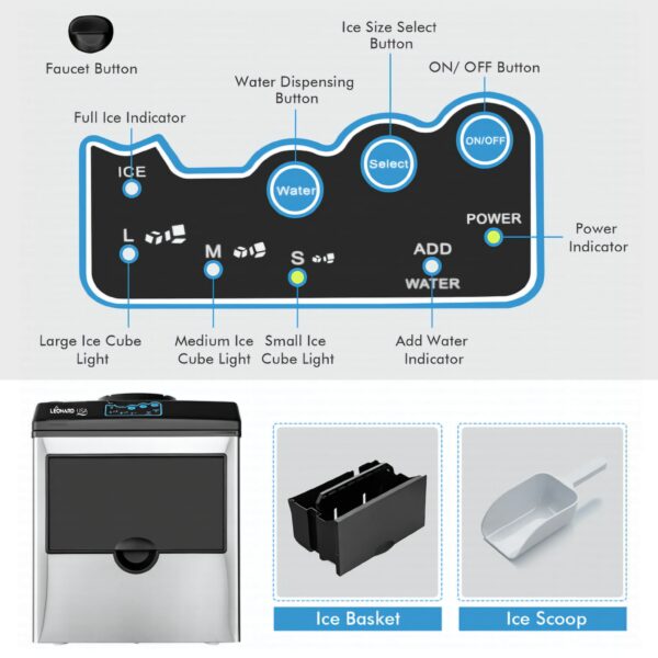 LEONARD USA 2 in 1 ICEMAKER With WATER DISPENSER, 48lbs Daily Ice Cube Makers, Stainless Steel Countertop, Tabletop Machine with a Scoop and a 4.5 Pound Storage Basket