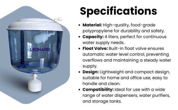 LEONARD US Water Dispenser JAR with Float Valve RO Water Bottles - 4L