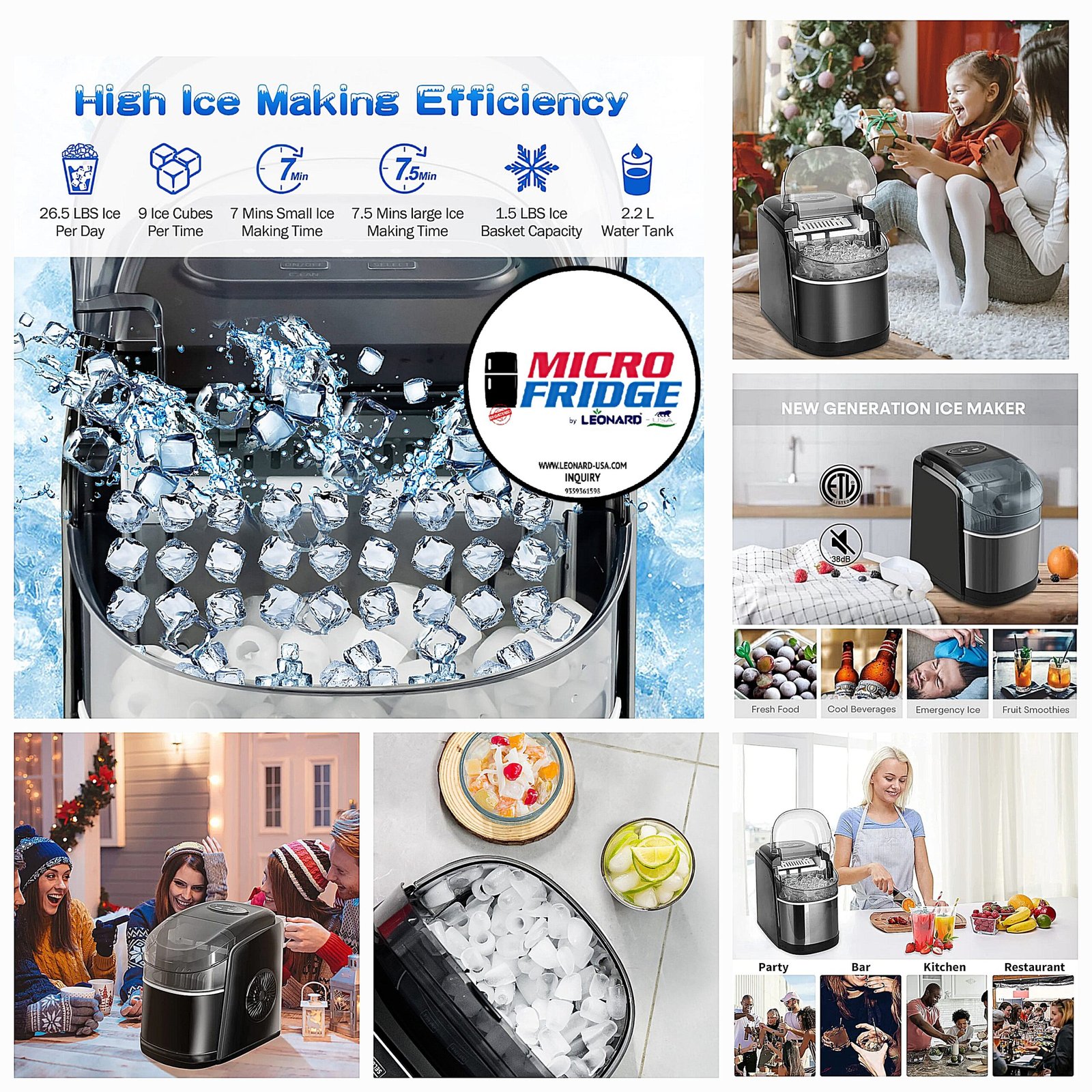 LEONARD USA Ice Cube Maker Machine with Self-Cleaning Function, Automatic with Inverter Technology, Makes Instant Bullet Ice Cubes in 6-8 Minutes, 26 lbs/day (Black) (Based on American Technology) - Image 2
