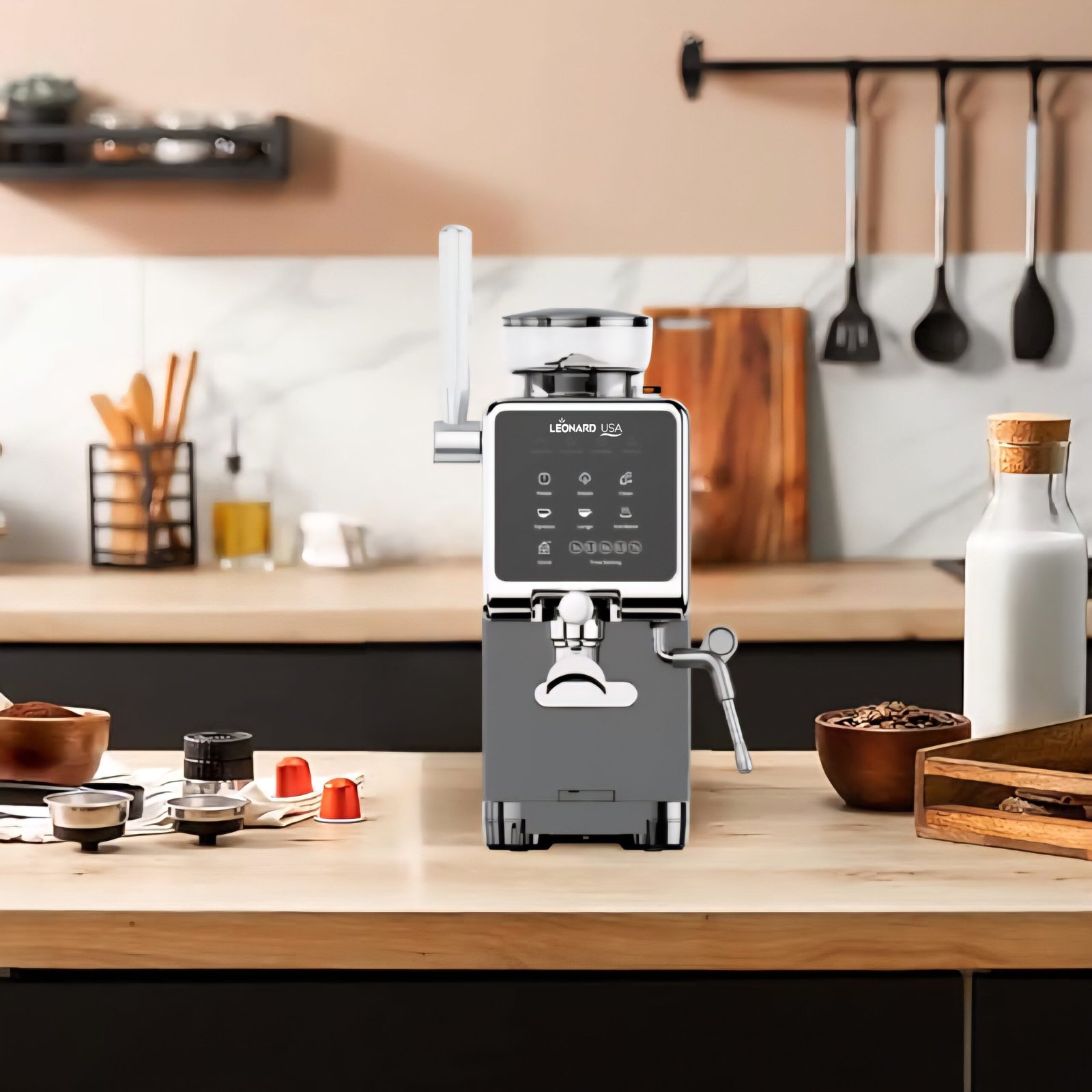 LEONARD USA 20 BAR Inverter Mini Magic Coffee Machine Espresso l Lungo at home double boiler | bean grinder (Based on American Technology)