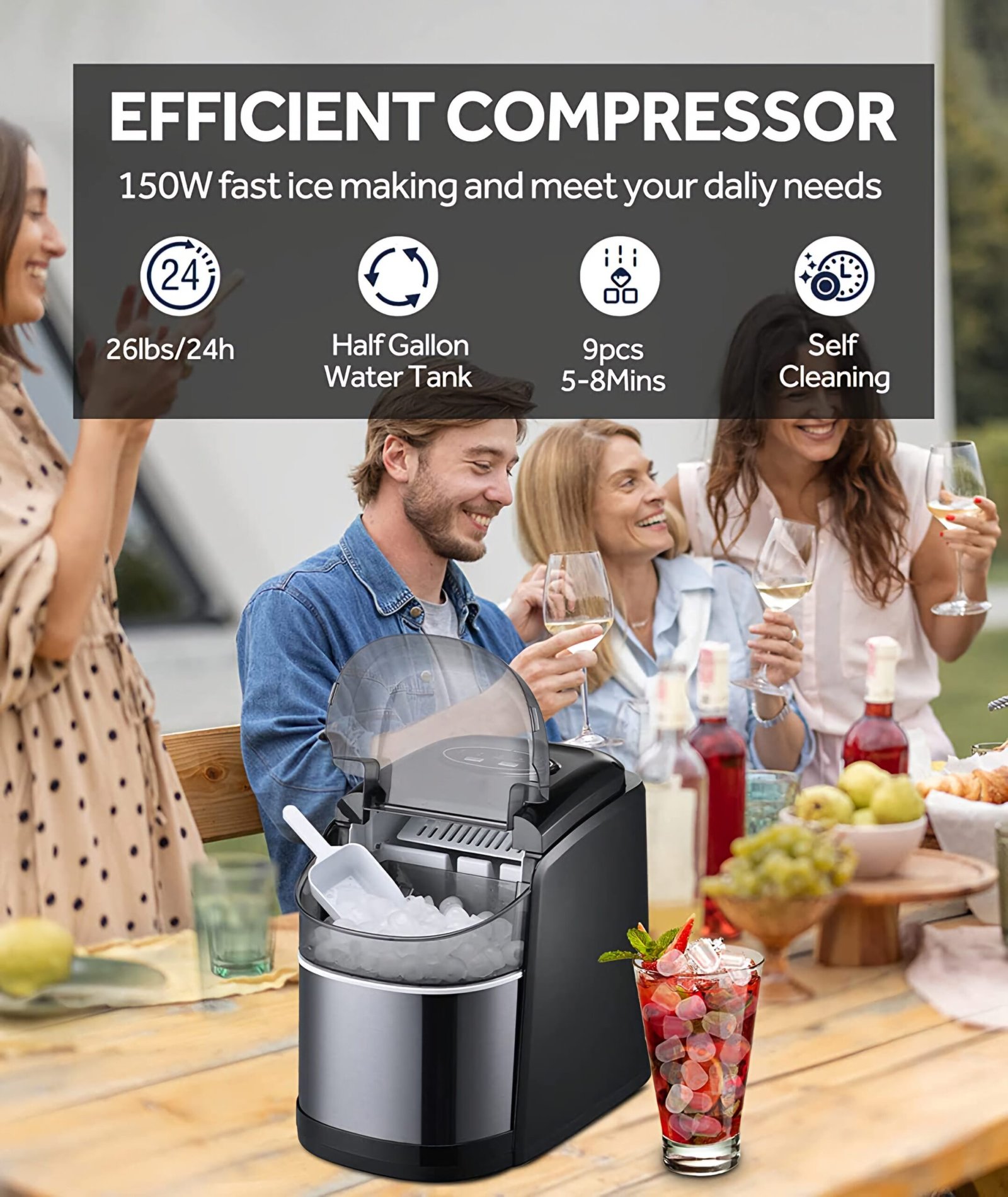 LEONARD USA Ice Cube Maker Machine with Self-Cleaning Function, Automatic with Inverter Technology, Makes Instant Bullet Ice Cubes in 6-8 Minutes, 26 lbs/day (Black) (Based on American Technology) - Image 7