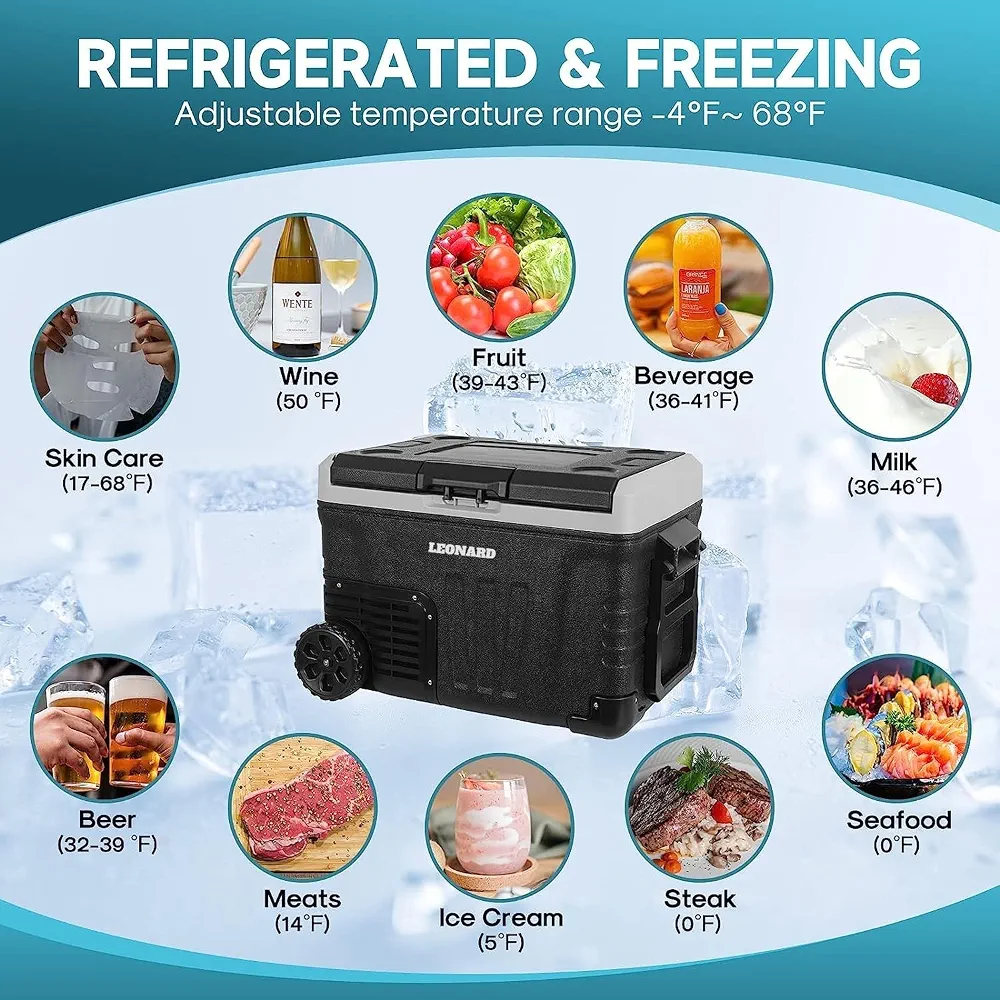 LEONARD USA Car Fridge 50 L with Compressor 12 Volt, Vehicle Refrigerator with 12/24V DC 110-240V AC for Indian Cars, SUV, RV, Camping, Outdoor and Home (Black) (Based on American Technology)