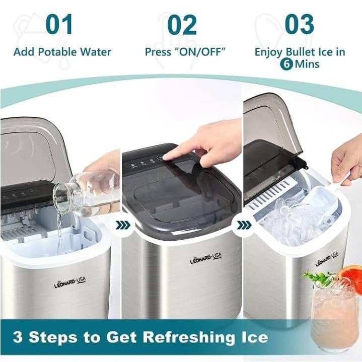LEONARD USA Ice Maker Machine Stainless Steel with Self-Cleaning Function, Automatic with Inverter Technology, Makes Instant Bullet Ice Cubes in 7-9 Minutes, 12Kg/day (Based on American Technology) - Image 3