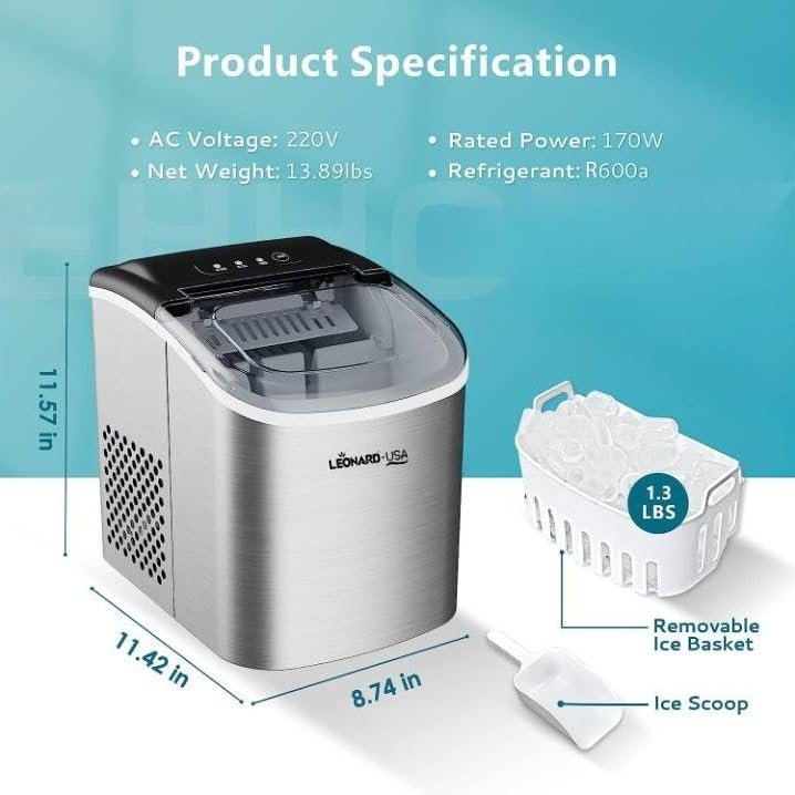 LEONARD USA Ice Maker Machine Stainless Steel with Self-Cleaning Function, Automatic with Inverter Technology, Makes Instant Bullet Ice Cubes in 7-9 Minutes, 12Kg/day (Based on American Technology) - Image 2