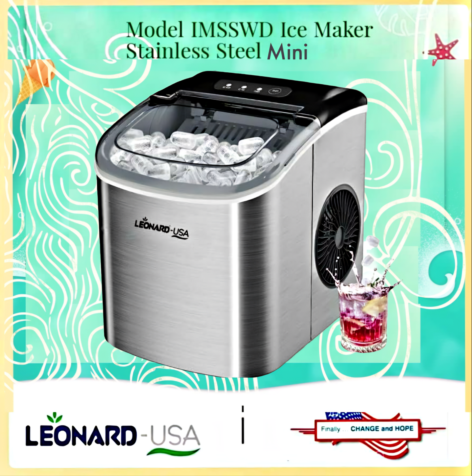 LEONARD USA Ice Maker Machine Stainless Steel with Self-Cleaning Function, Automatic with Inverter Technology, Makes Instant Bullet Ice Cubes in 7-9 Minutes, 12Kg/day (Based on American Technology)