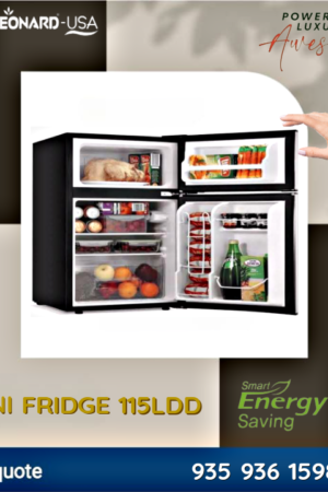LEONARD USA 115 L Inverter Double Door Mini Fridge for Home Small Fridge with Separate Deep Freezer Compartment & Interior Light for Bar (Based on American Technology) (Black & Silver)