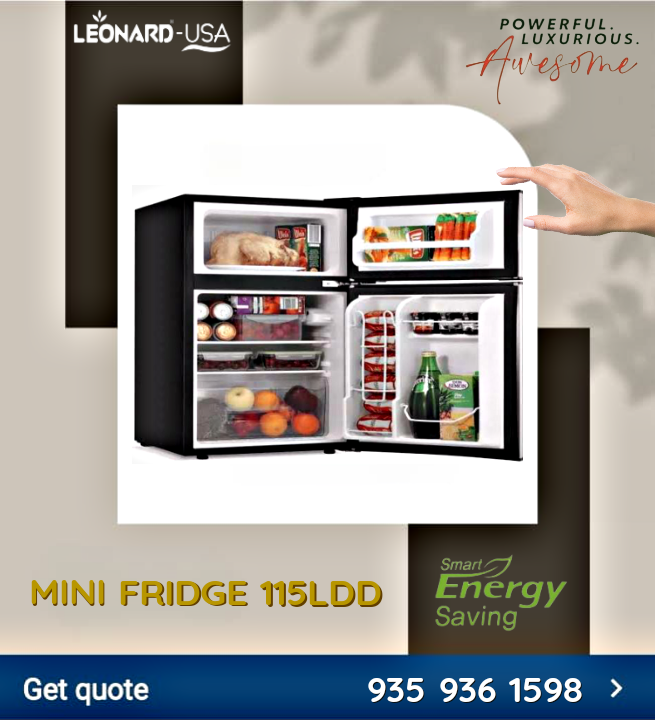 LEONARD USA 115 L Inverter Double Door Mini Fridge for Home Small Fridge with Separate Deep Freezer Compartment & Interior Light for Bar (Based on American Technology) (Black & Silver)