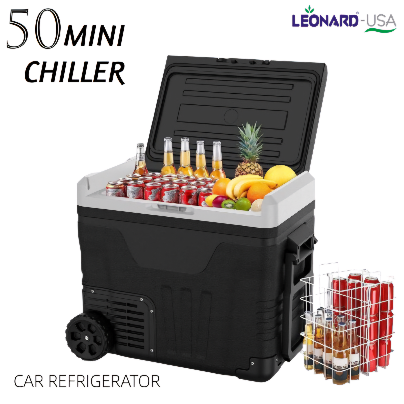 LEONARD USA Car Fridge 50 L with Compressor 12 Volt, Vehicle Refrigerator with 12/24V DC 110-240V AC for Indian Cars, SUV, RV, Camping, Outdoor and Home (Black) (Based on American Technology)